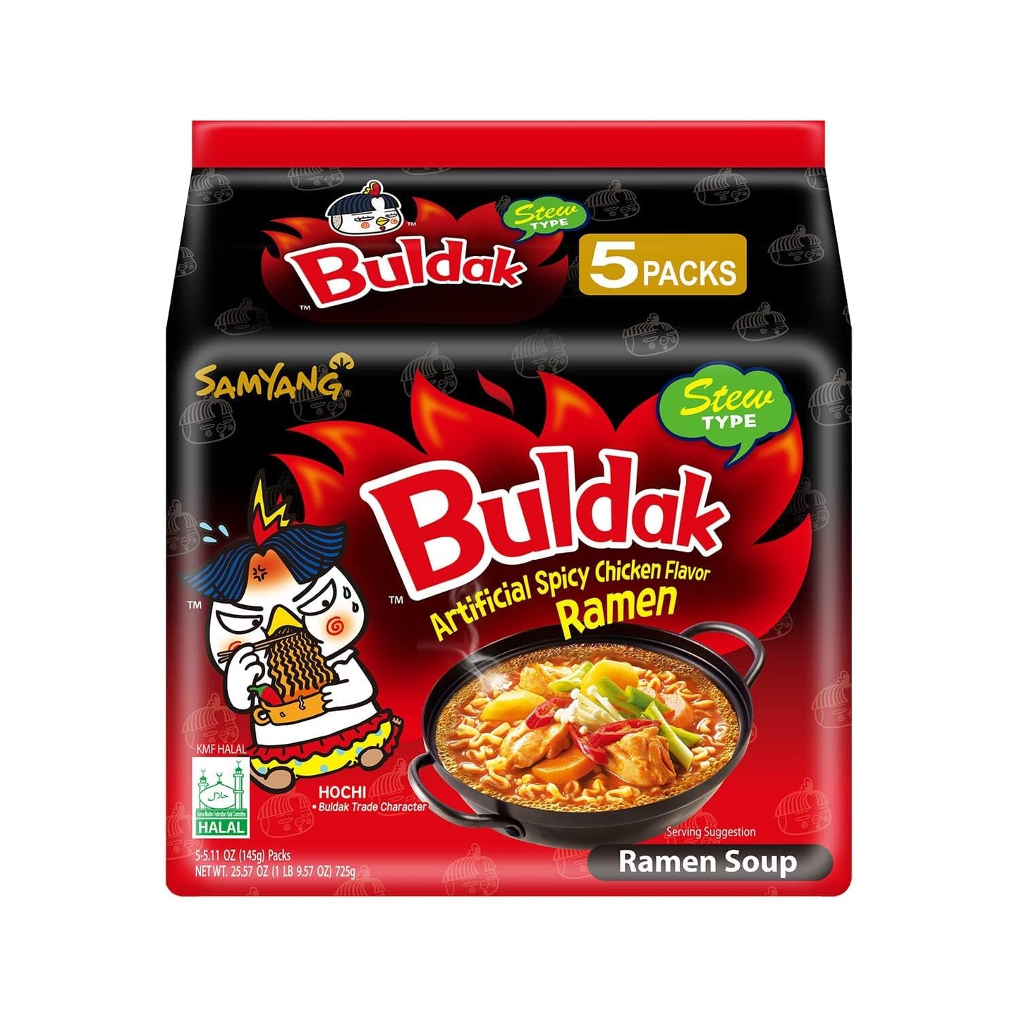 Buldak Hot Spicy Chicken Ramen Noodle Korean Stir-Fried Ramen, Original Flavor, Pack of 5